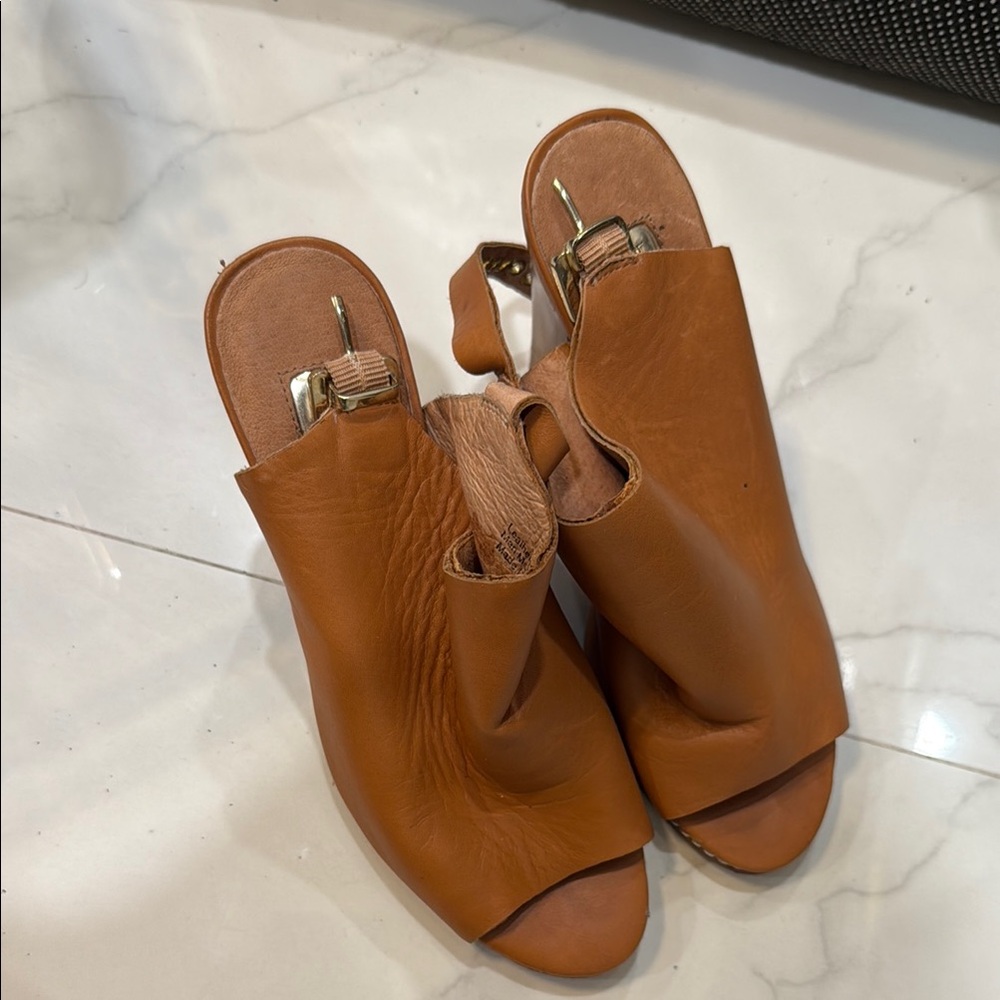 Halogen Tan Leather Mules with Block Heel